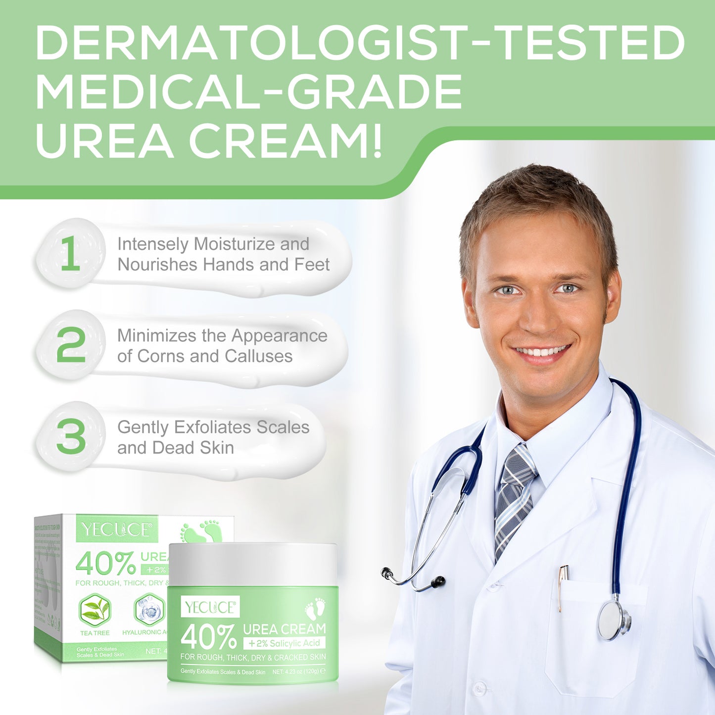 YECUCE 40% Urea Foot Cream, Softens Heels, Callouses, Moisturizes Rough Dry Cracked Feet and Hands