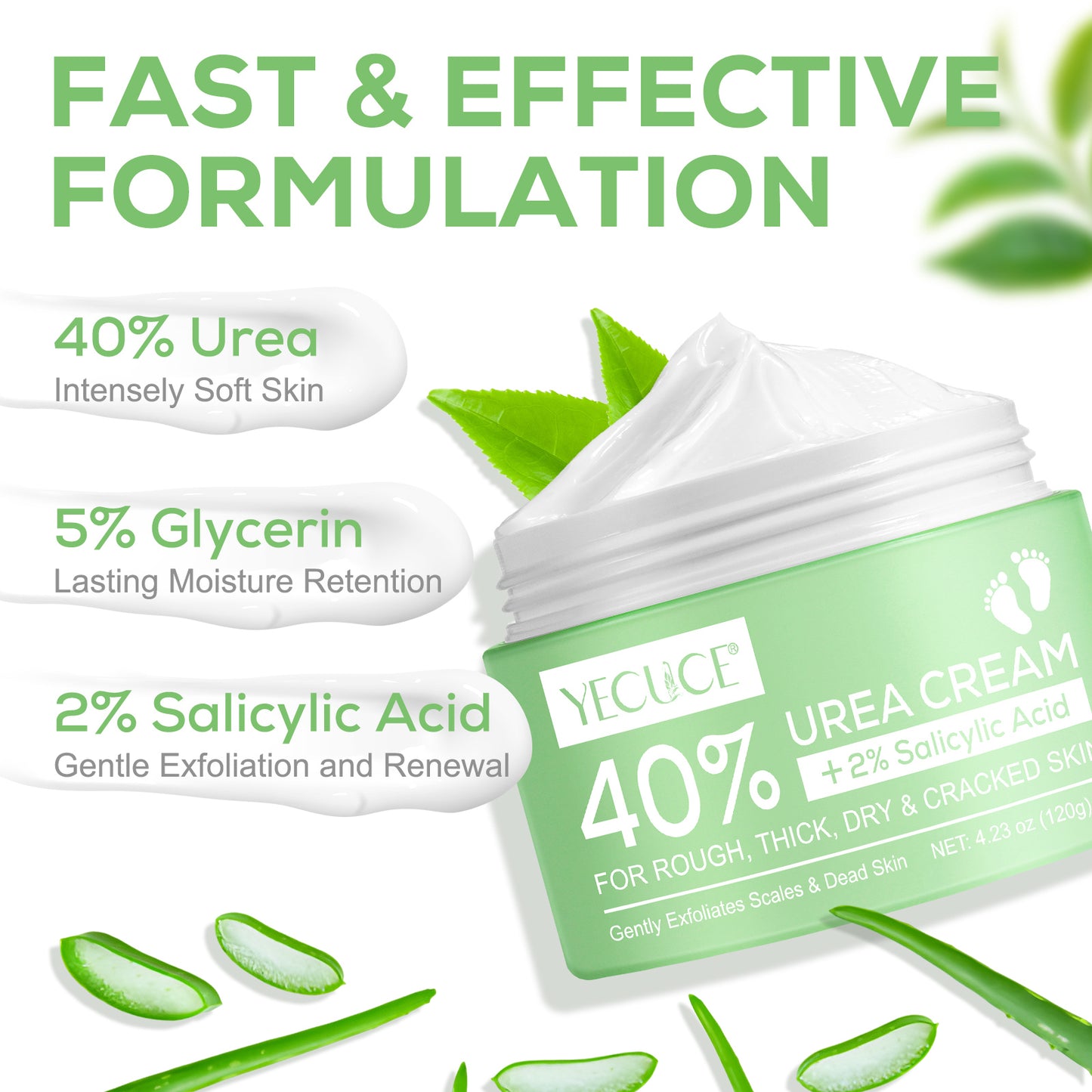 YECUCE 40% Urea Foot Cream, Softens Heels, Callouses, Moisturizes Rough Dry Cracked Feet and Hands
