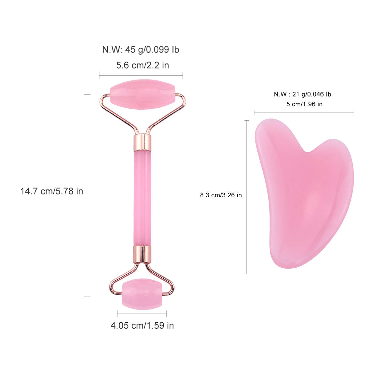 Pink Resin Face massager roller set with Guasha, for anti aging, and skin rejuvenation.