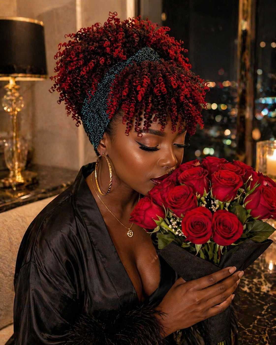 Kinky Curly Afro Puff Headband Wig with Bangs