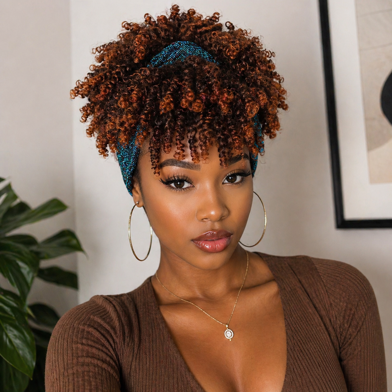 Kinky Curly Afro Puff Headband Wig with Bangs