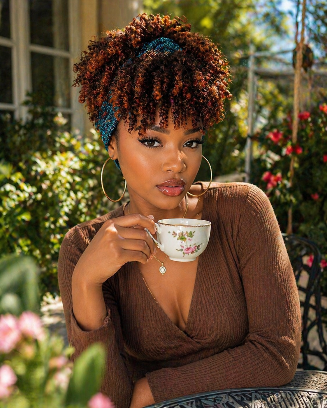 Kinky Curly Afro Puff Headband Wig with Bangs