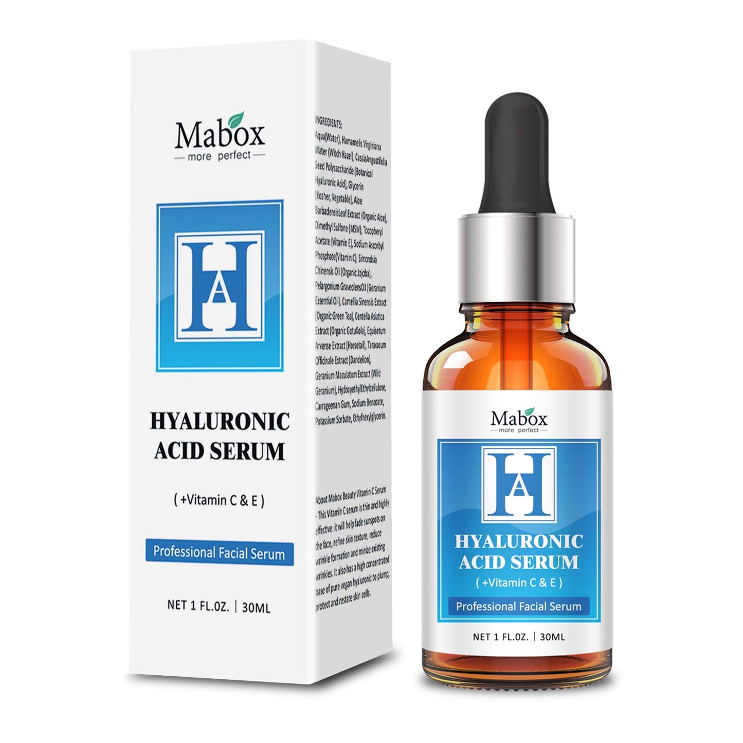 Mabox Hyaluronic Acid Serum for Face with Vitamin C & E, Anti-Aging, Moisturizing, Antioxidant & Wrinkle Treatment, Best Hydrating and Brightening Skin Care Serum