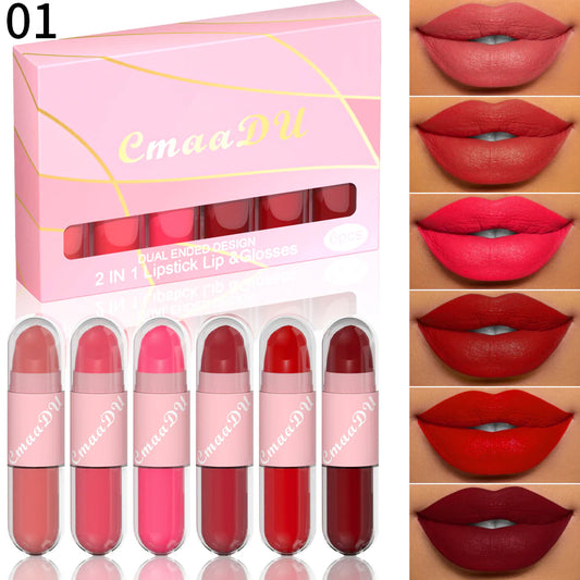 6pc/Box 2 in 1 Longlasting, non stick cup, velvet smooth matte lipstick set