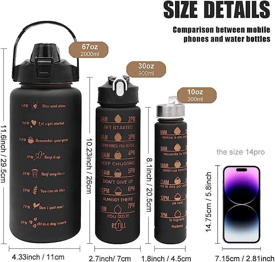 3pcs Water Bottle Set 2000ml, 900ml and 500ml Gradient Plastic Water Bottles BPA Free