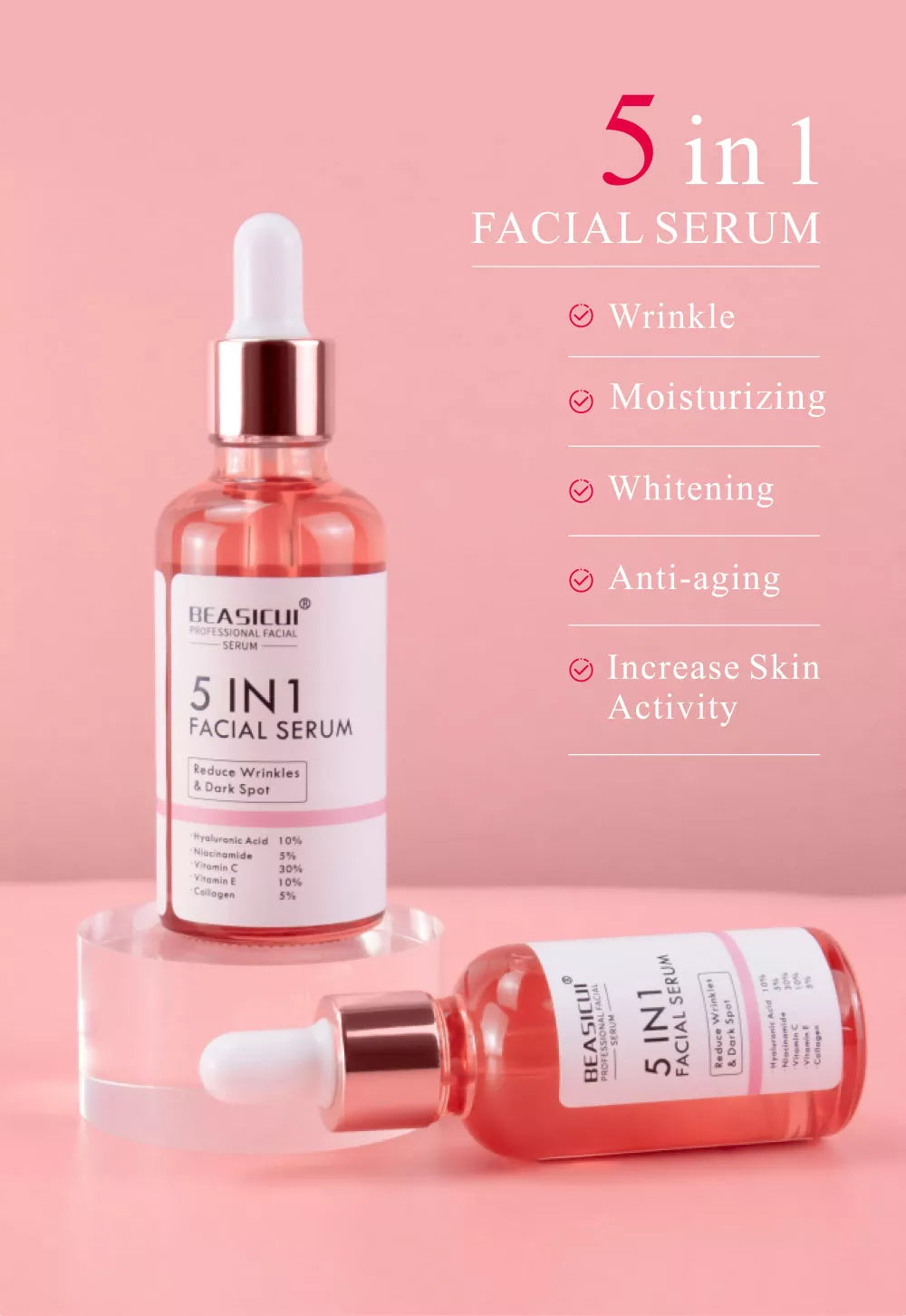 5 in 1 Anti Wrinkle Anti Aging Face Serum with 30% Vitamin C 5% Niacinamide 10% Hyaluronic Acid 10% Vit E 5% Collagen