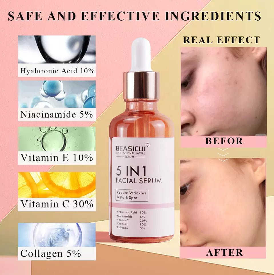 5 in 1 Anti Wrinkle Anti Aging Face Serum with 30% Vitamin C 5% Niacinamide 10% Hyaluronic Acid 10% Vit E 5% Collagen