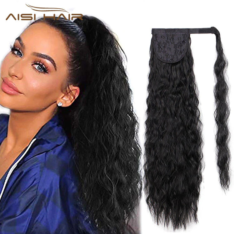 Semi human Wavy Ponytail Hair Extension Wrap Around Fiber Hair extension with Heat Resistance