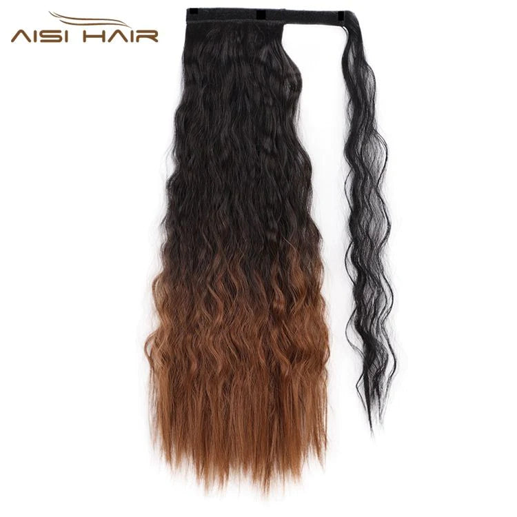 Semi human Wavy Ponytail Hair Extension Wrap Around Fiber Hair extension with Heat Resistance