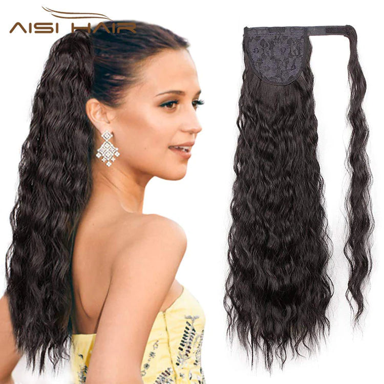 Semi human Wavy Ponytail Hair Extension Wrap Around Fiber Hair extension with Heat Resistance