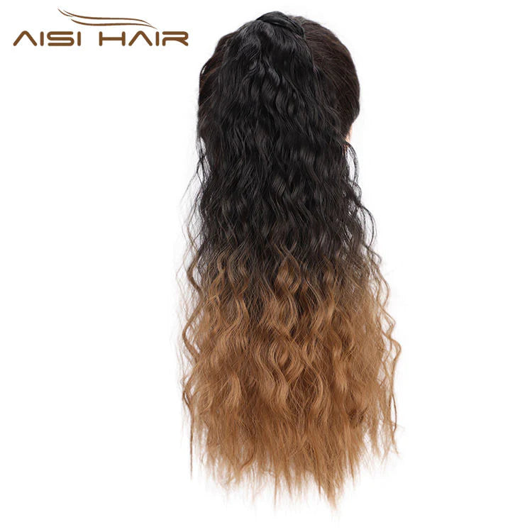 Semi human Wavy Ponytail Hair Extension Wrap Around Fiber Hair extension with Heat Resistance