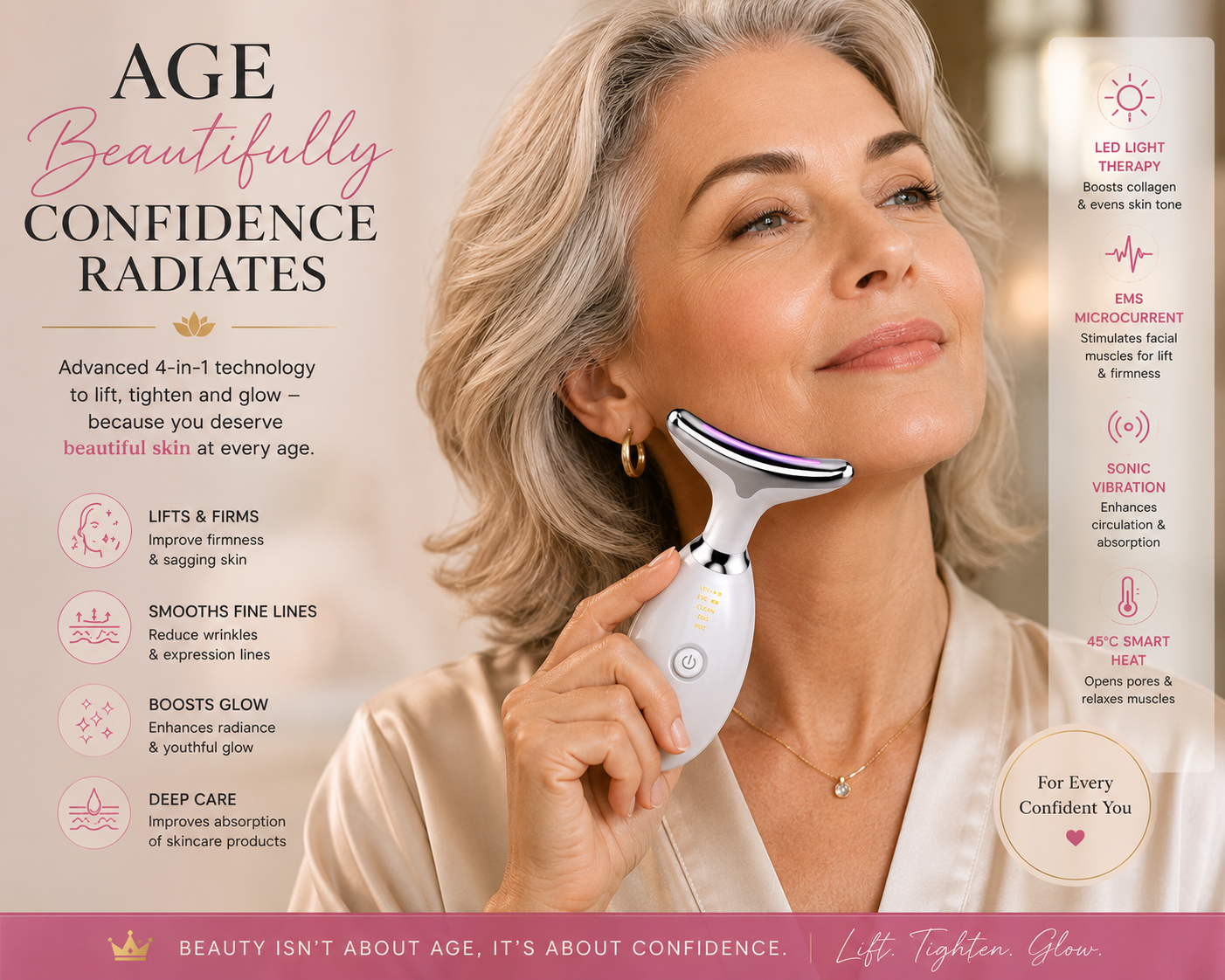 4 in 1 Anti-aging Face and Neck facial Massager Wrinkle Remover Beauty Device with & color Led Therapy