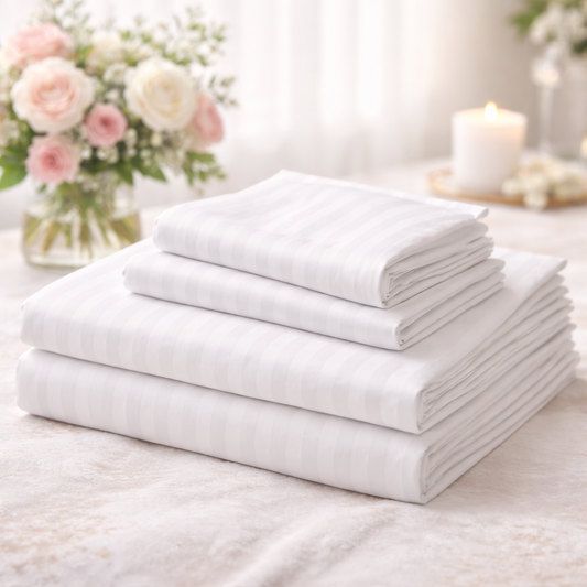 4pc Luxury Cotton Stripped White Bedsheet Set-Soft Hotel Comfort, 2 Sheets plus 2 Pillow Cases size 6 by 6