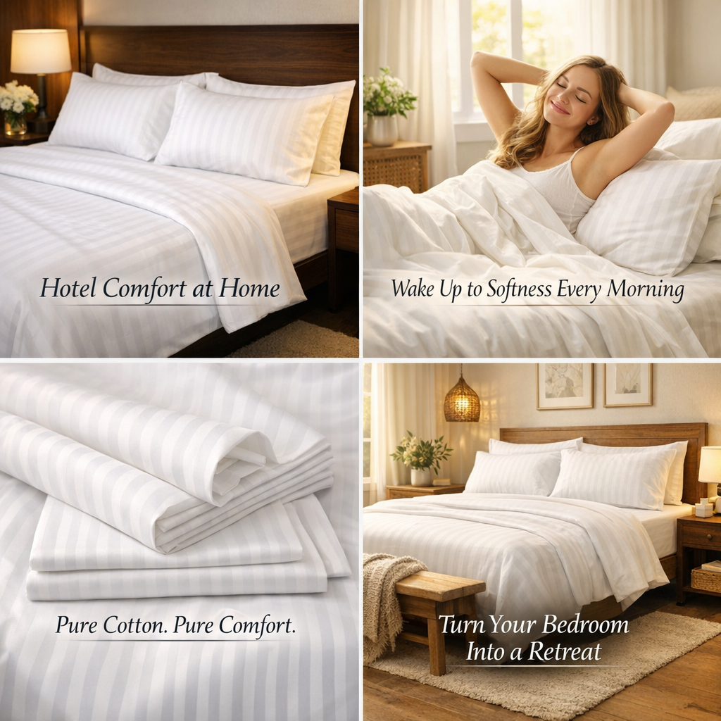 4pc Luxury Cotton Stripped White Bedsheet Set-Soft Hotel Comfort, 2 Sheets plus 2 Pillow Cases size 6 by 6