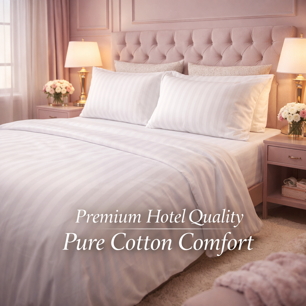 4pc Luxury Cotton Stripped White Bedsheet Set-Soft Hotel Comfort, 2 Sheets plus 2 Pillow Cases size 6 by 6