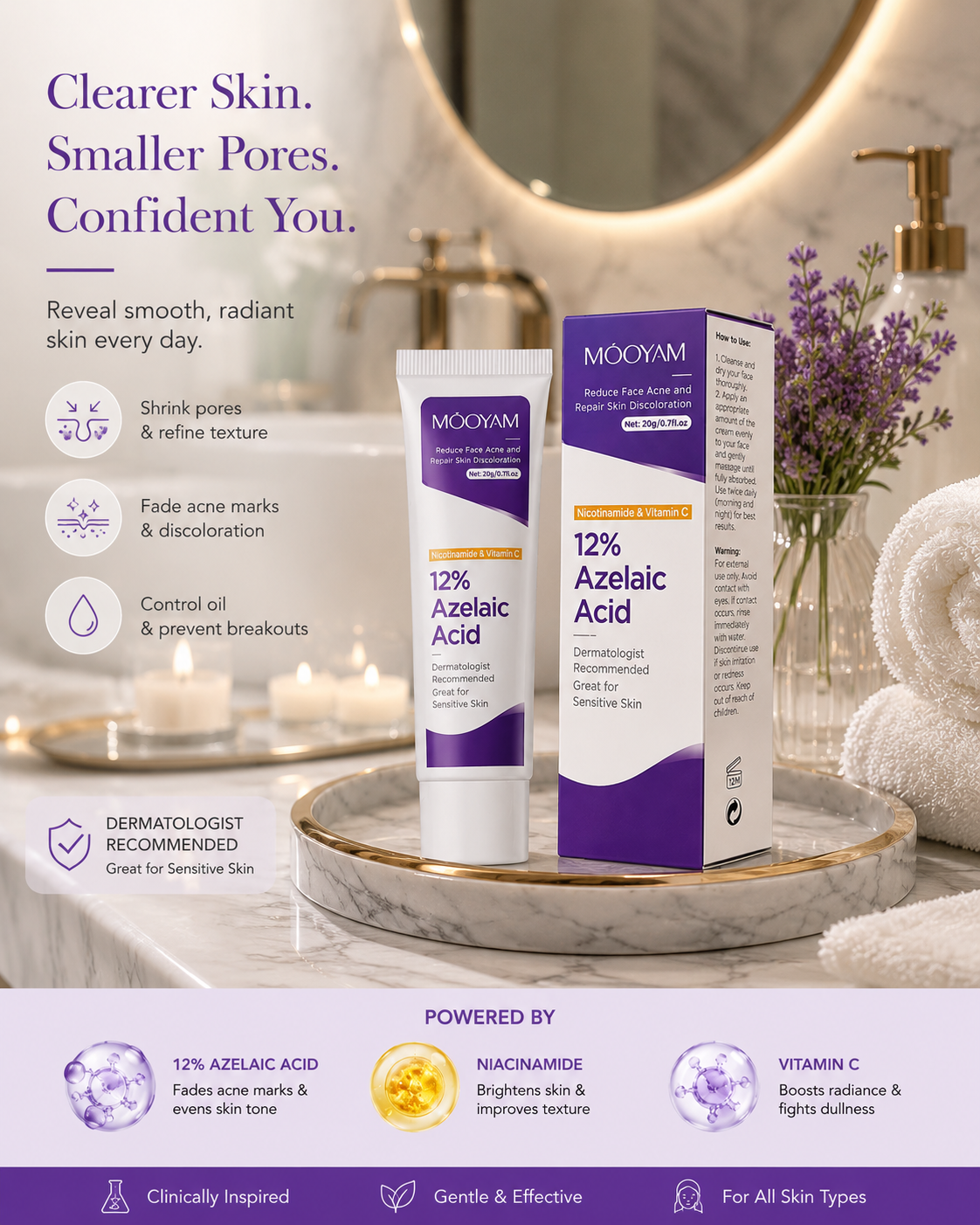 12%Azelaic Acid Cream with Niacinamide and Vitamin C for acne Prone Skin, Sensitive Skin, Large Pores and Pigmentation