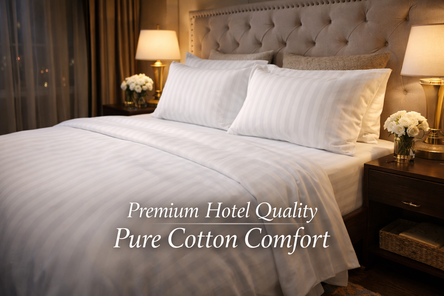4pc Luxury Cotton Stripped White Bedsheet Set-Soft Hotel Comfort, 2 Sheets plus 2 Pillow Cases size 6 by 6