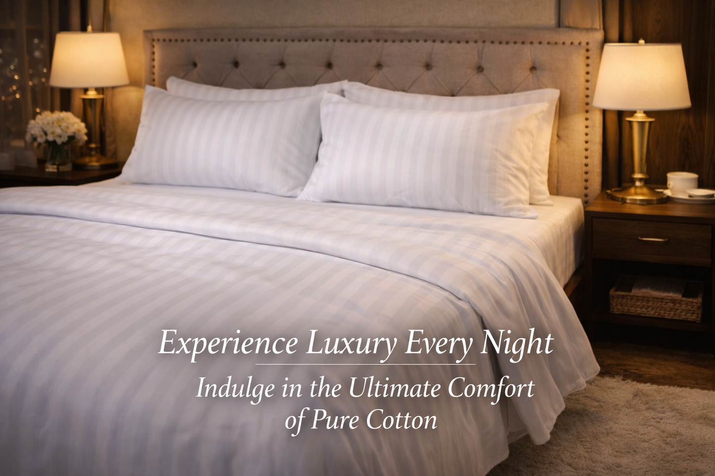 4pc Luxury Cotton Stripped White Bedsheet Set-Soft Hotel Comfort, 2 Sheets plus 2 Pillow Cases size 6 by 6