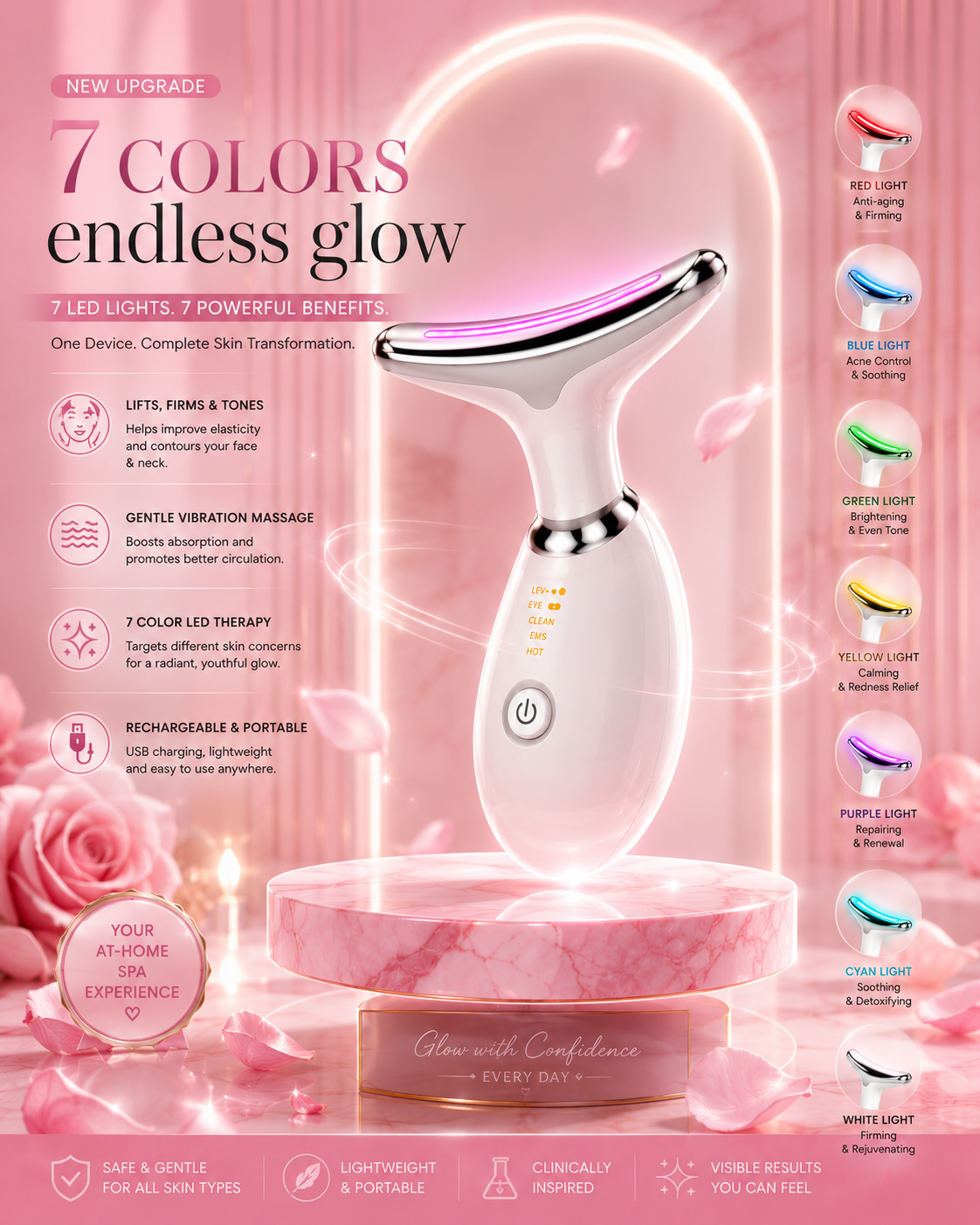 4 in 1 Anti-aging Face and Neck facial Massager Wrinkle Remover Beauty Device with & color Led Therapy