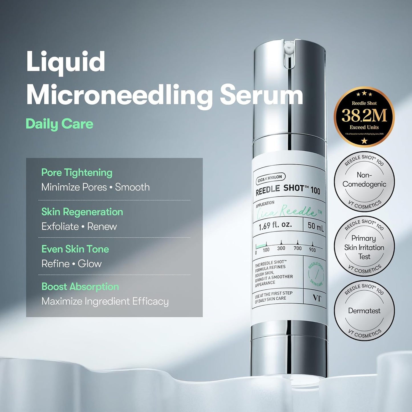 VT CICA Reedle Shot 100, Liquid Microneedling Spicule Serum for Pore Care, Exfoliation and Scarring