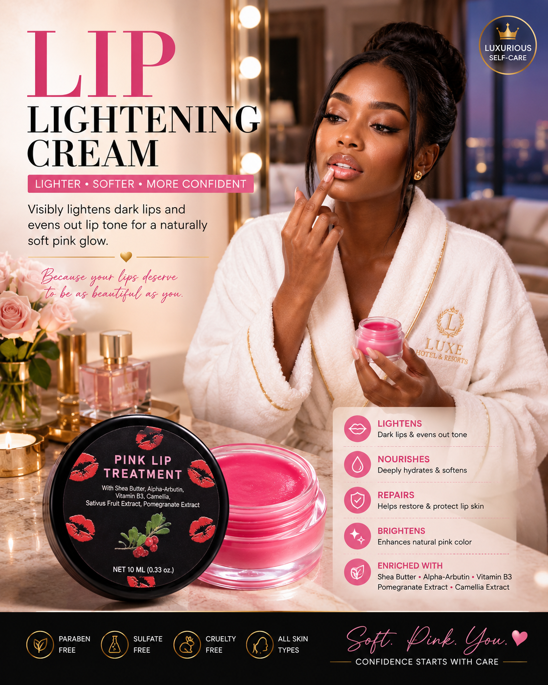 Pink Lip Lightening Treatment Cream with Shea Butter, Alpha-Arbutin & Vitamin B3