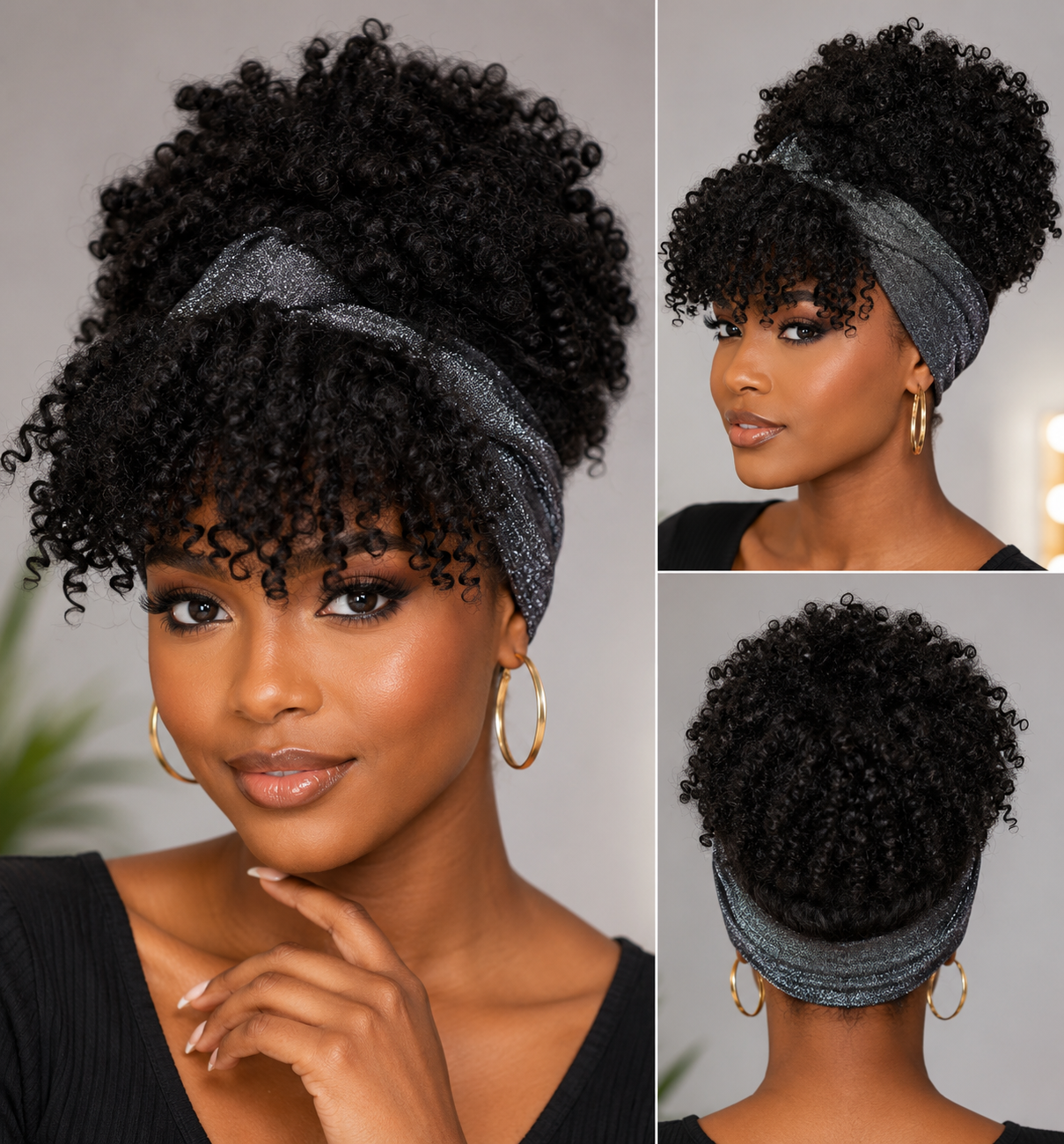 Kinky Curly Afro Puff Headband Wig with Bangs