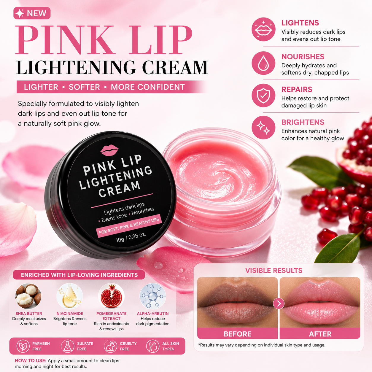 Pink Lip Lightening Treatment Cream with Shea Butter, Alpha-Arbutin & Vitamin B3