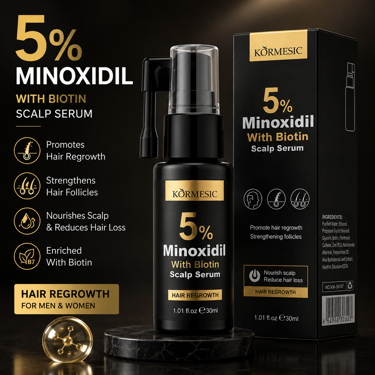 Kormesic 5% Minoxidil With Biotin – Advanced Hair Regrowth Scalp Serum