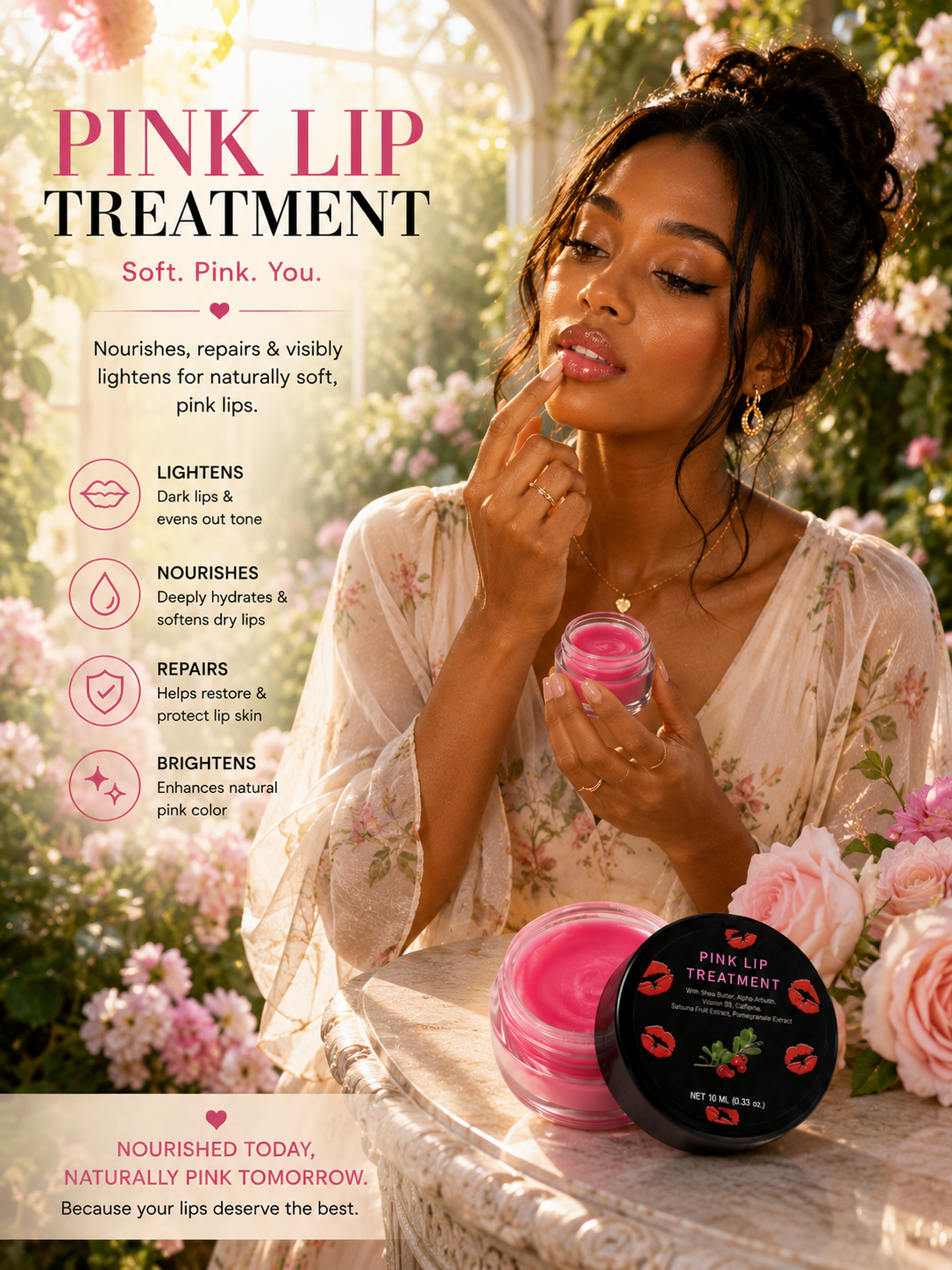Pink Lip Lightening Treatment Cream with Shea Butter, Alpha-Arbutin & Vitamin B3