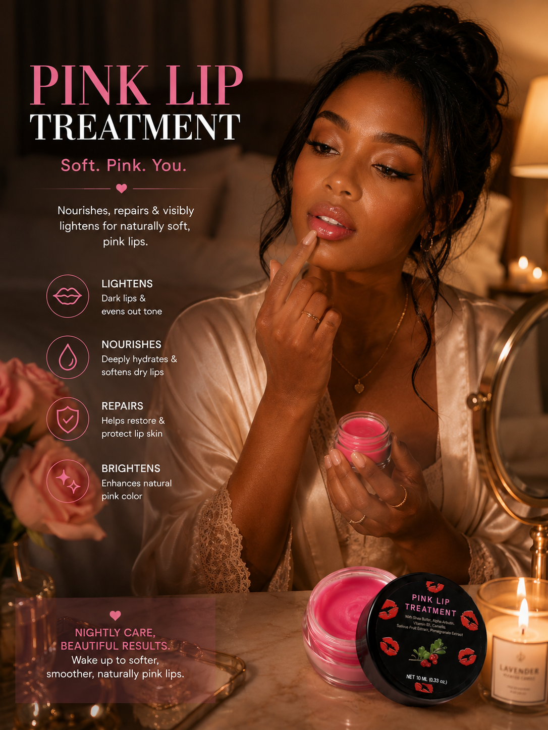 Pink Lip Lightening Treatment Cream with Shea Butter, Alpha-Arbutin & Vitamin B3