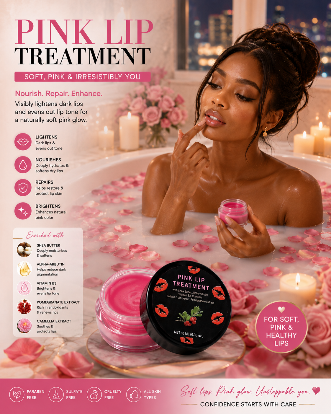 Pink Lip Lightening Treatment Cream with Shea Butter, Alpha-Arbutin & Vitamin B3