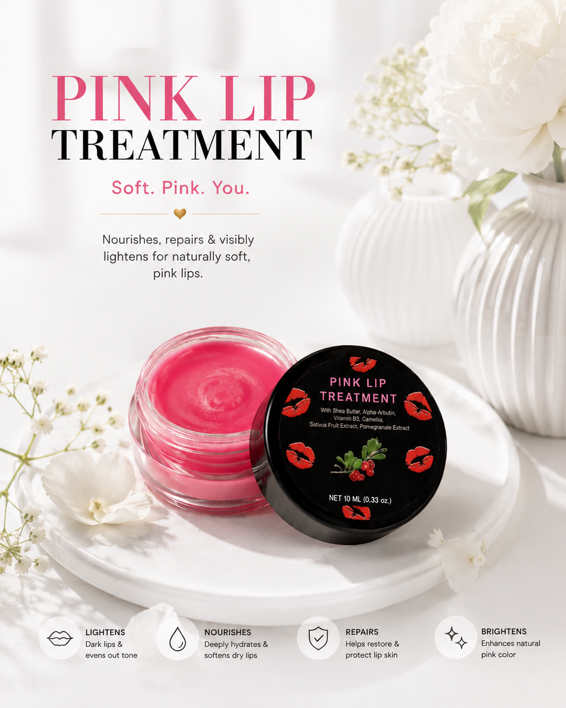 Pink Lip Lightening Treatment Cream with Shea Butter, Alpha-Arbutin & Vitamin B3