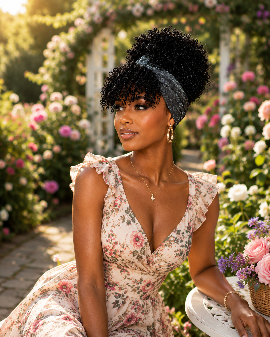 Kinky Curly Afro Puff Headband Wig with Bangs