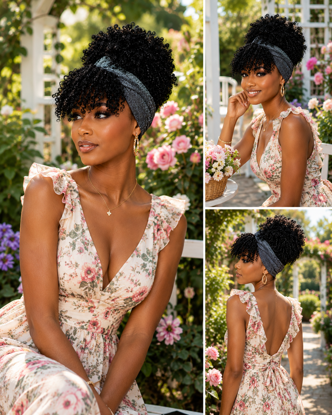 Kinky Curly Afro Puff Headband Wig with Bangs