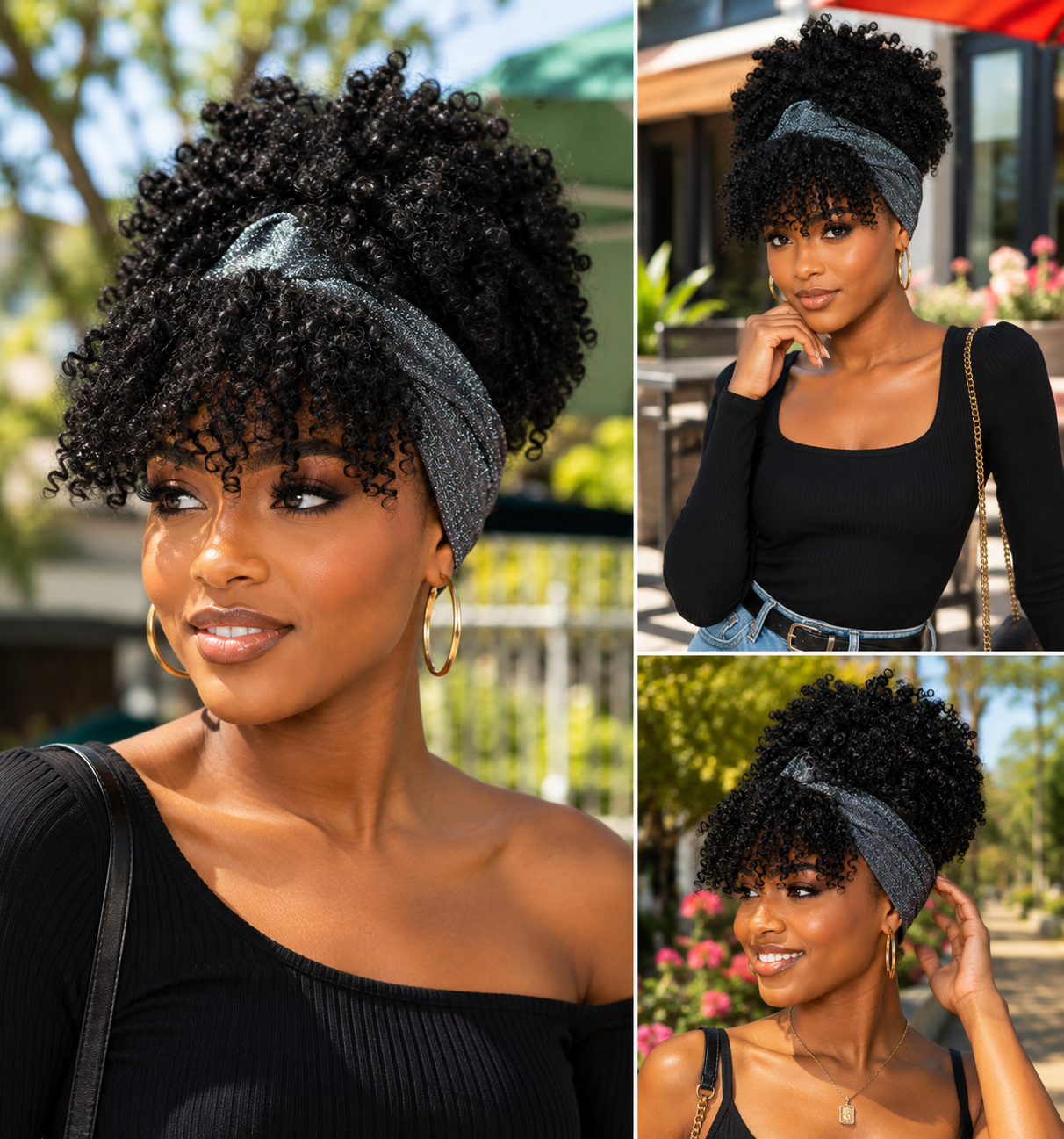 Kinky Curly Afro Puff Headband Wig with Bangs