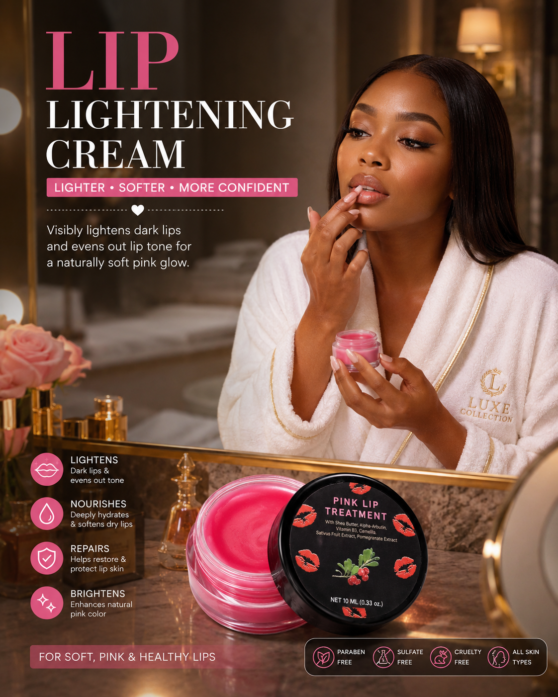 Pink Lip Lightening Treatment Cream with Shea Butter, Alpha-Arbutin & Vitamin B3