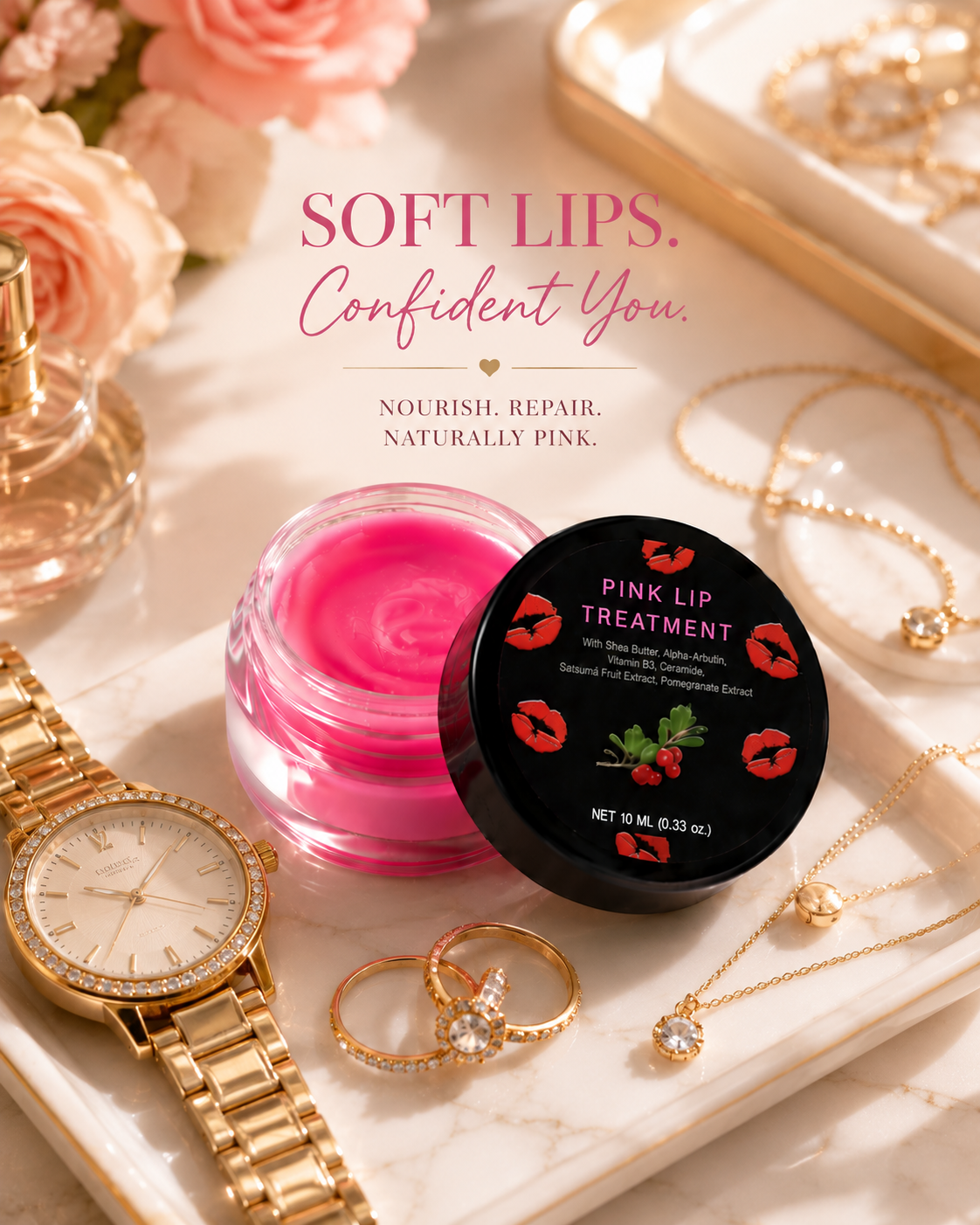 Pink Lip Lightening Treatment Cream with Shea Butter, Alpha-Arbutin & Vitamin B3