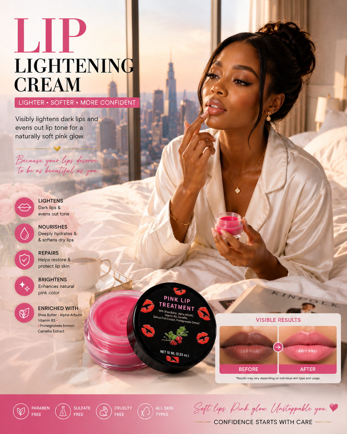 Pink Lip Lightening Treatment Cream with Shea Butter, Alpha-Arbutin & Vitamin B3