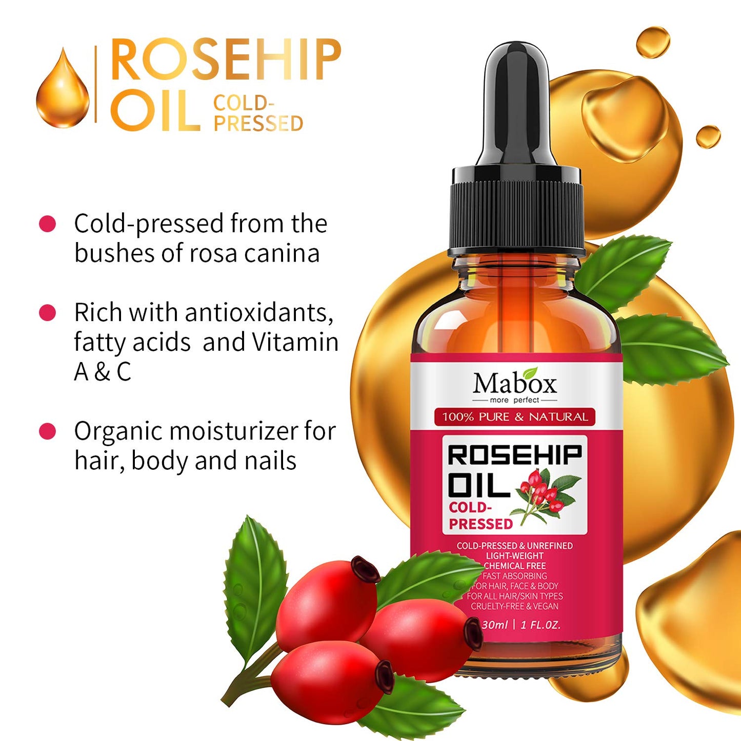 Mabox Organic Rosehip Oil -100% Pure Natural Cold Pressed Rose Seed Oil for Face, Hair, Skin and Nails, Anti-Aging Moisturizer,Reduce Fine Lines, Scars (1 Fl Oz, 30 ml)