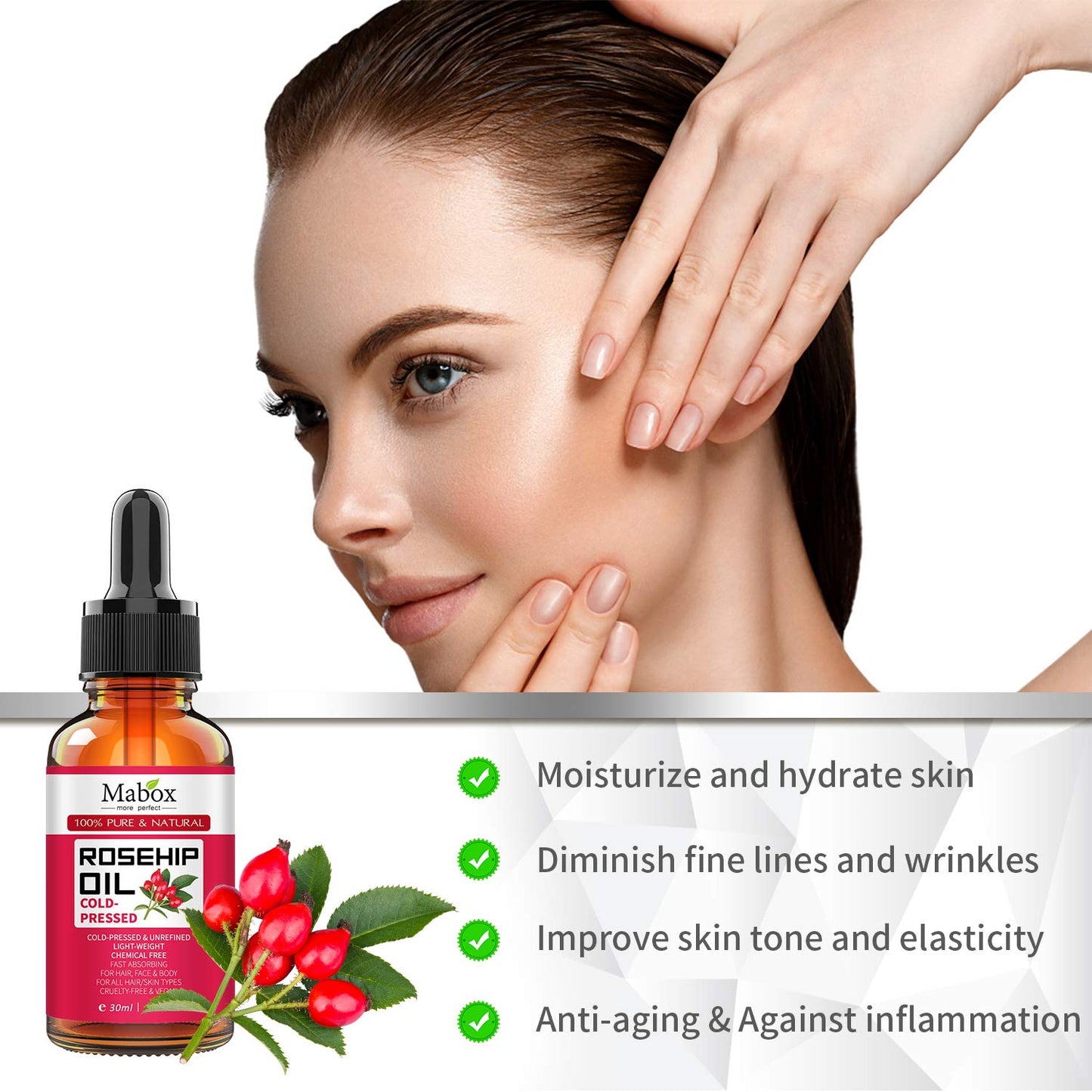 Mabox Organic Rosehip Oil -100% Pure Natural Cold Pressed Rose Seed Oil for Face, Hair, Skin and Nails, Anti-Aging Moisturizer,Reduce Fine Lines, Scars (1 Fl Oz, 30 ml)