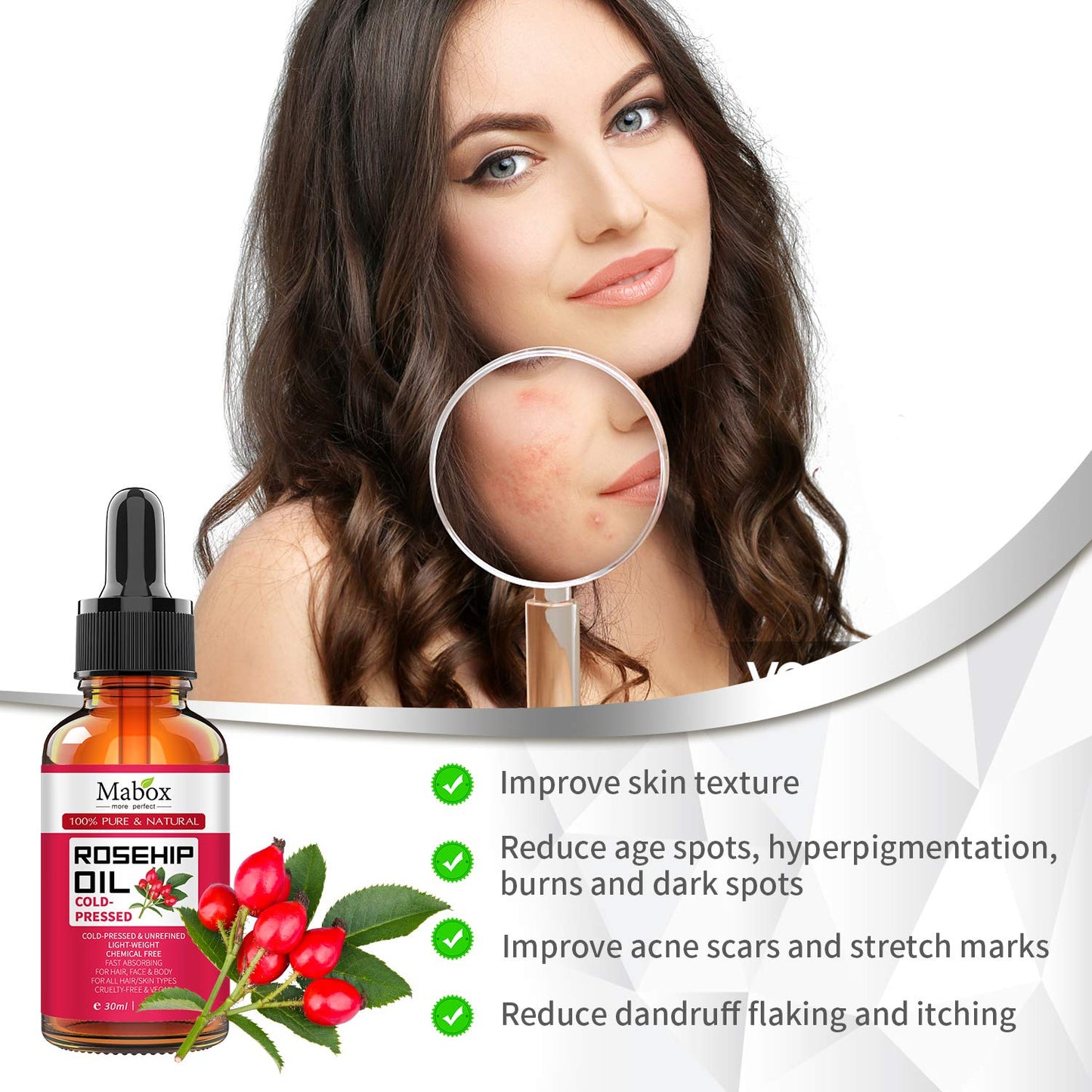 Mabox Organic Rosehip Oil -100% Pure Natural Cold Pressed Rose Seed Oil for Face, Hair, Skin and Nails, Anti-Aging Moisturizer,Reduce Fine Lines, Scars (1 Fl Oz, 30 ml)