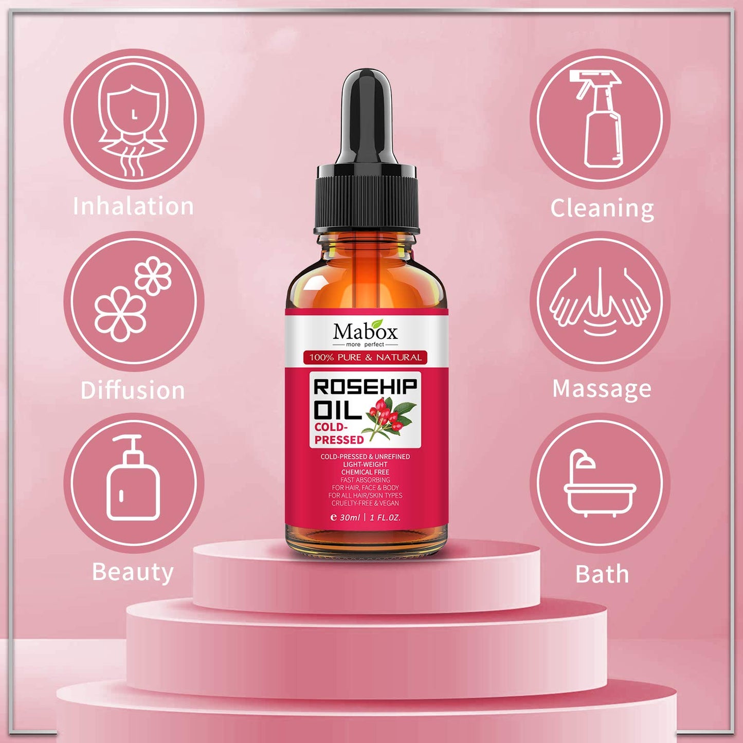 Mabox Organic Rosehip Oil -100% Pure Natural Cold Pressed Rose Seed Oil for Face, Hair, Skin and Nails, Anti-Aging Moisturizer,Reduce Fine Lines, Scars (1 Fl Oz, 30 ml)