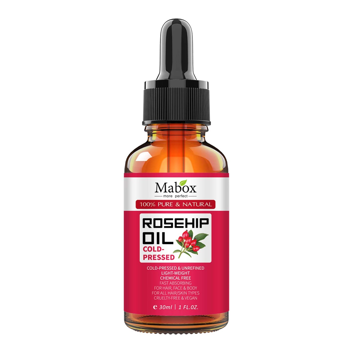 Mabox Organic Rosehip Oil -100% Pure Natural Cold Pressed Rose Seed Oil for Face, Hair, Skin and Nails, Anti-Aging Moisturizer,Reduce Fine Lines, Scars (1 Fl Oz, 30 ml)